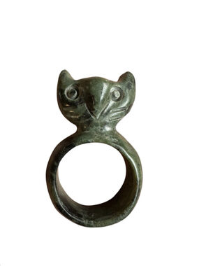 Vintage Jade Stone Carved 3D Cat Kitty Ring - Size 6.5